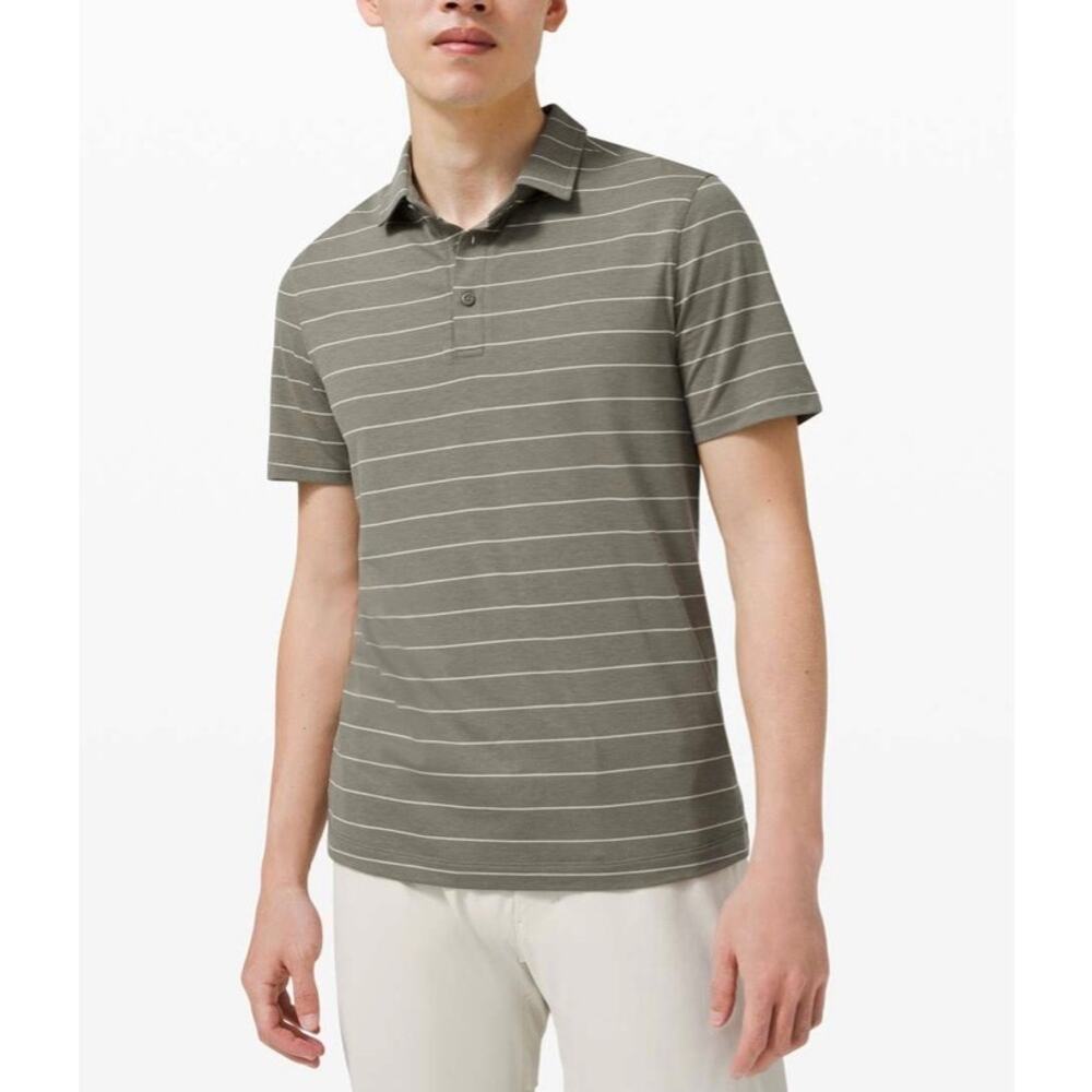 LULULEMON Evolution Short Sleeve Polo Shirt Mens XS Green Nevis Striped Sage - Picture 1 of 15